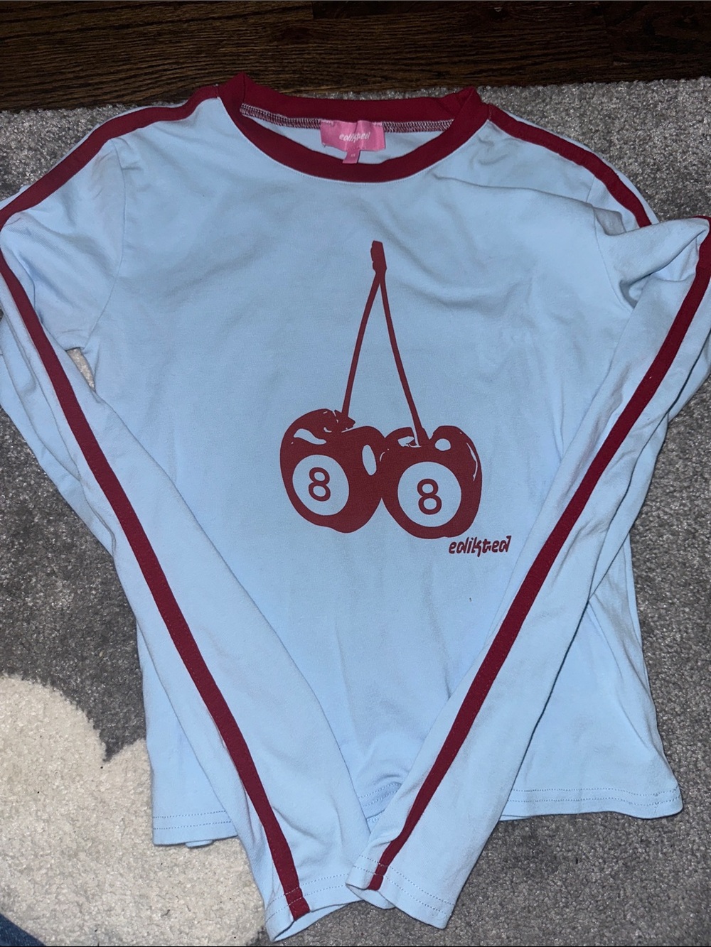 Edikted Light Blue Long Sleeve Top with Red Cherry Graphic